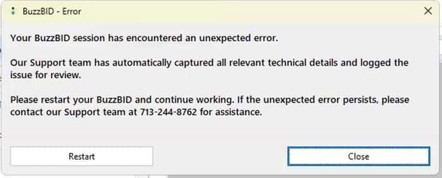 Complete BuzzBID unexpected-error popup with support number