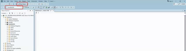 SSMS toolbar with New Query and the database selector highlighted
