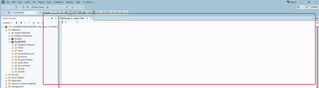 SSMS toolbar and query workspace with the editor outlined