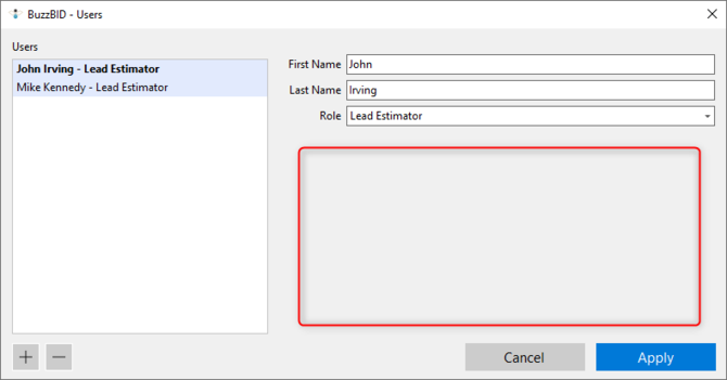 Users window with the permissions area outlined and no access-setting options shown for an imported user.