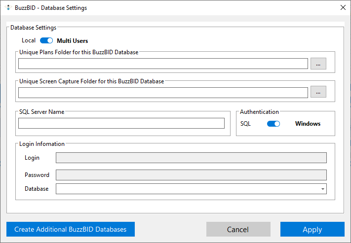 BuzzBID Database Settings in Multi Users mode before entering connection and folder details.