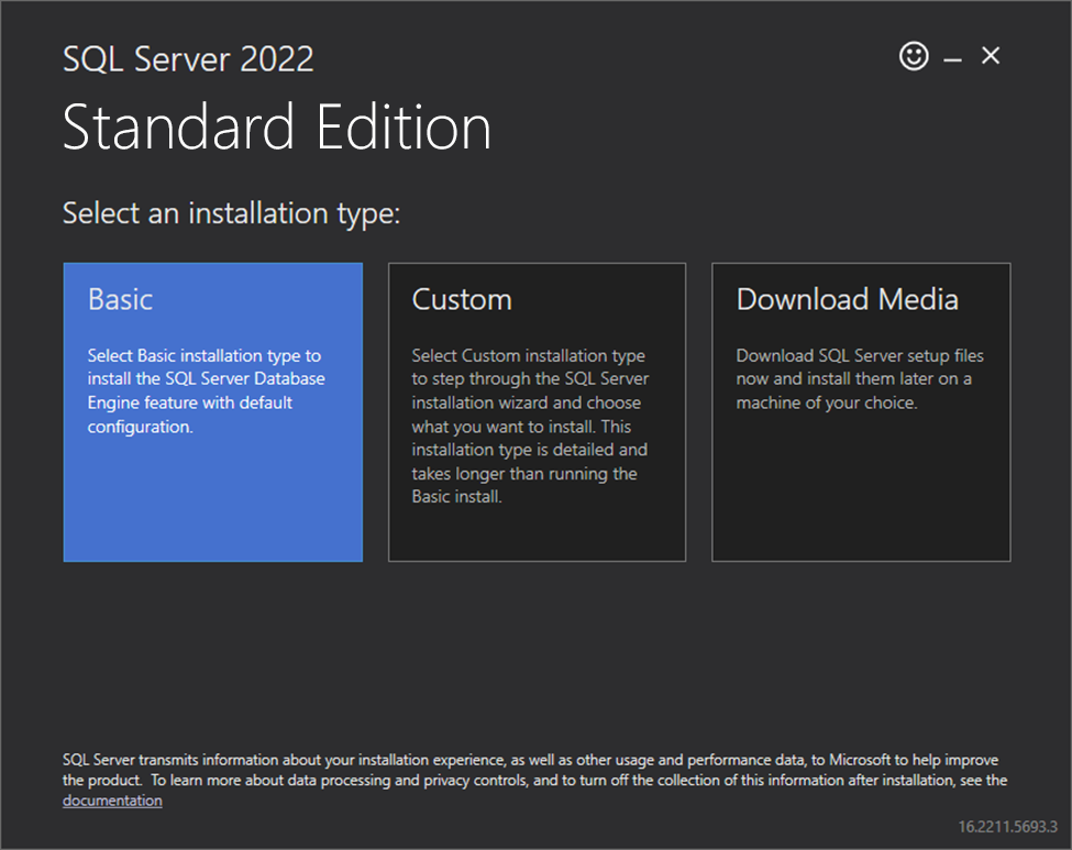 SQL Server 2022 Standard Edition installer with Basic installation selected.