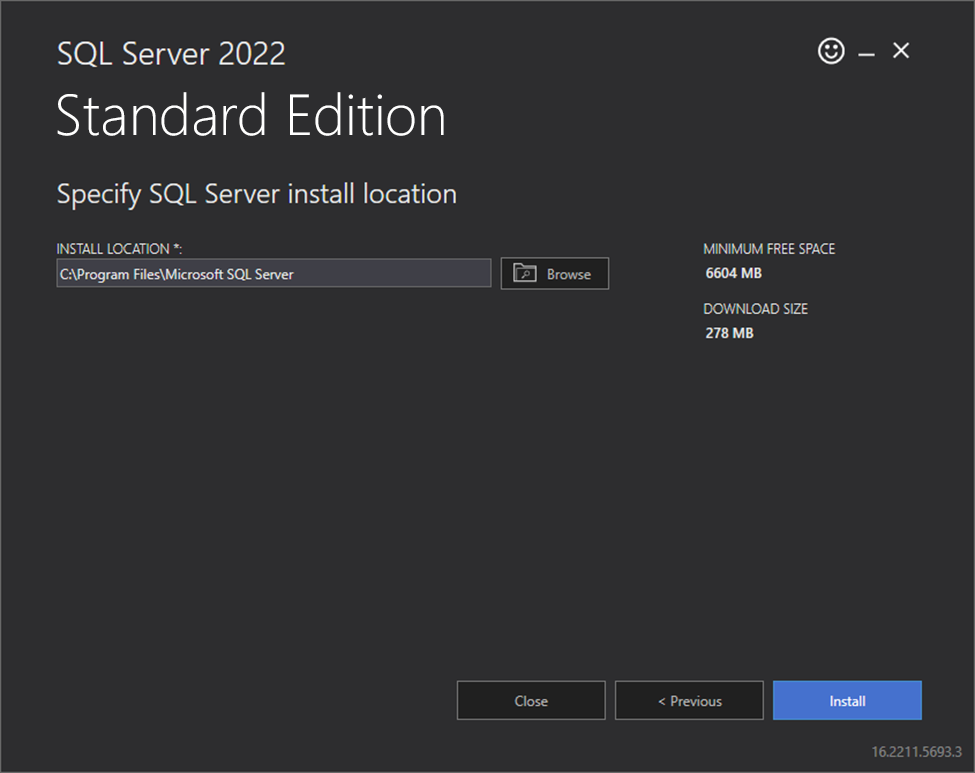 SQL Server installer showing the installation folder and Install button.