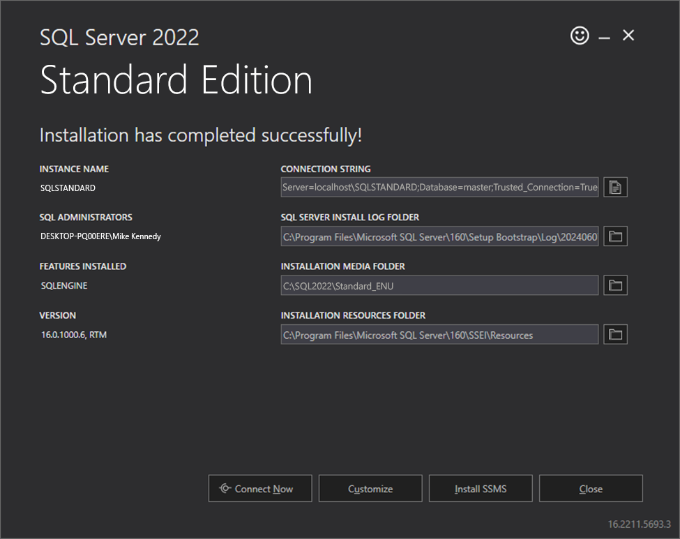 SQL Server installation success screen showing the instance name and connection details.