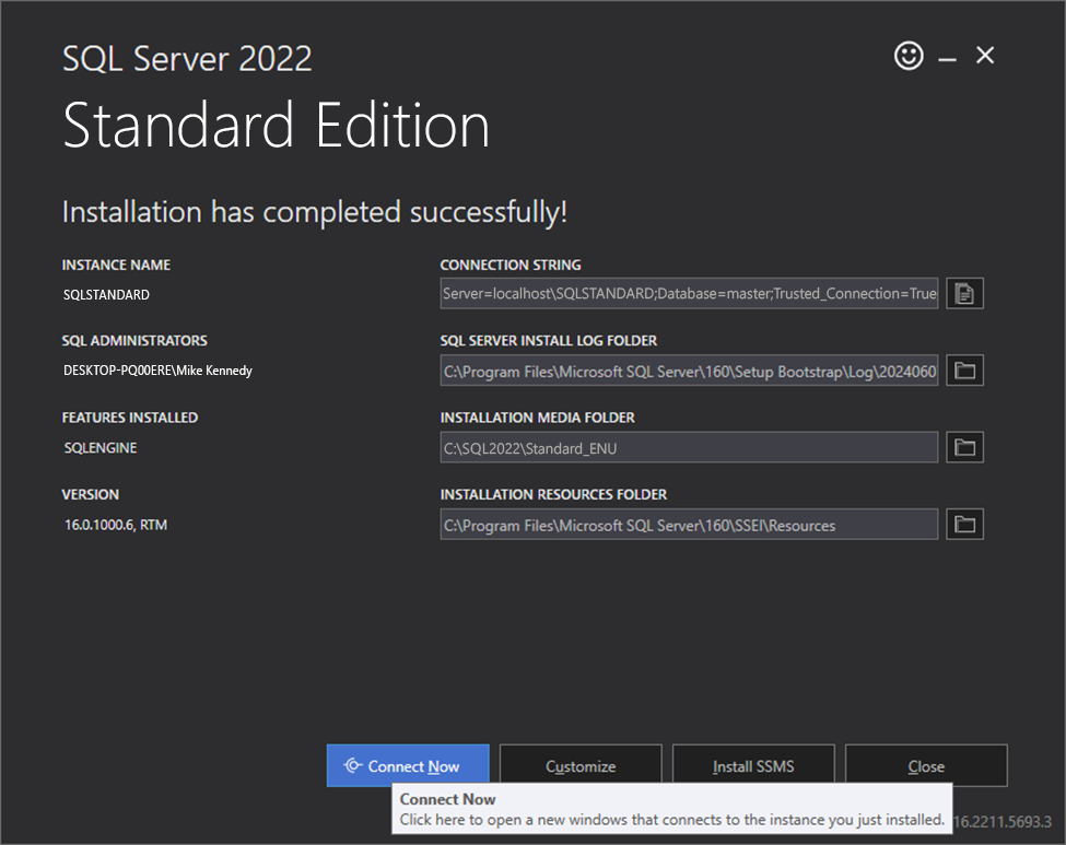 SQL Server installation success screen with Connect Now selected.