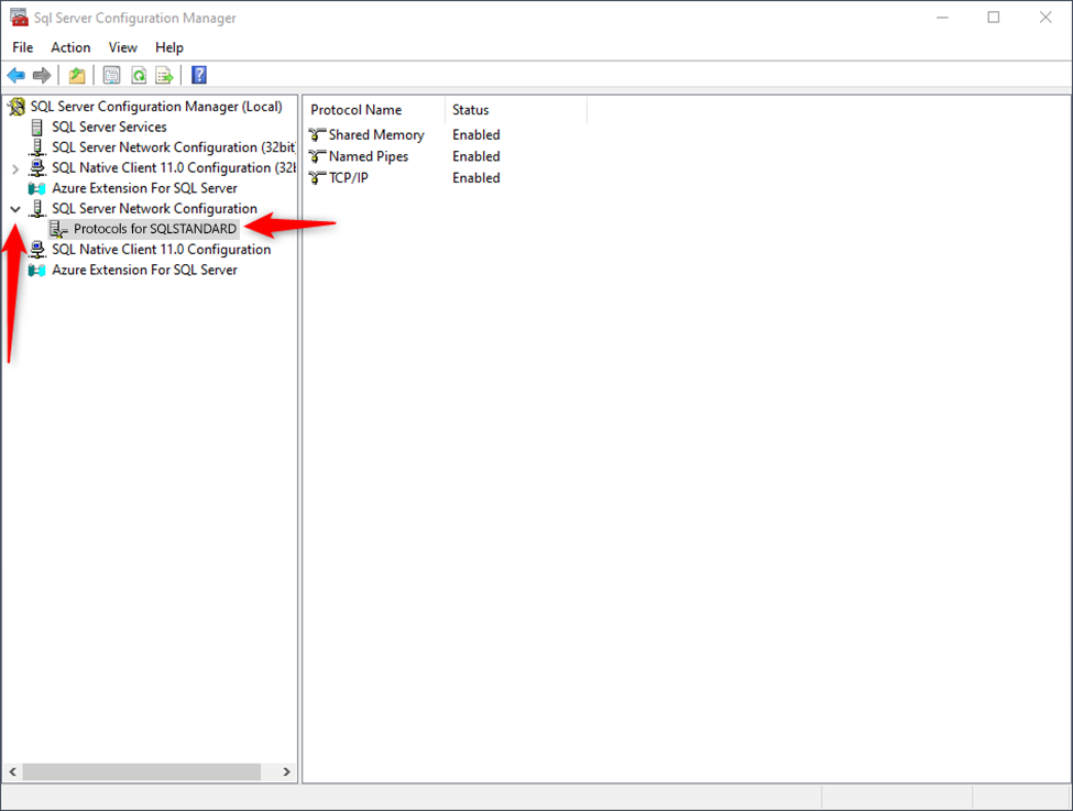 SQL Server Network Configuration expanded with Protocols for SQLSTANDARD selected.