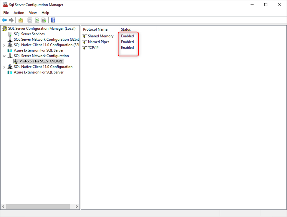 SQL Server network protocols showing Shared Memory, Named Pipes, and TCP/IP enabled.