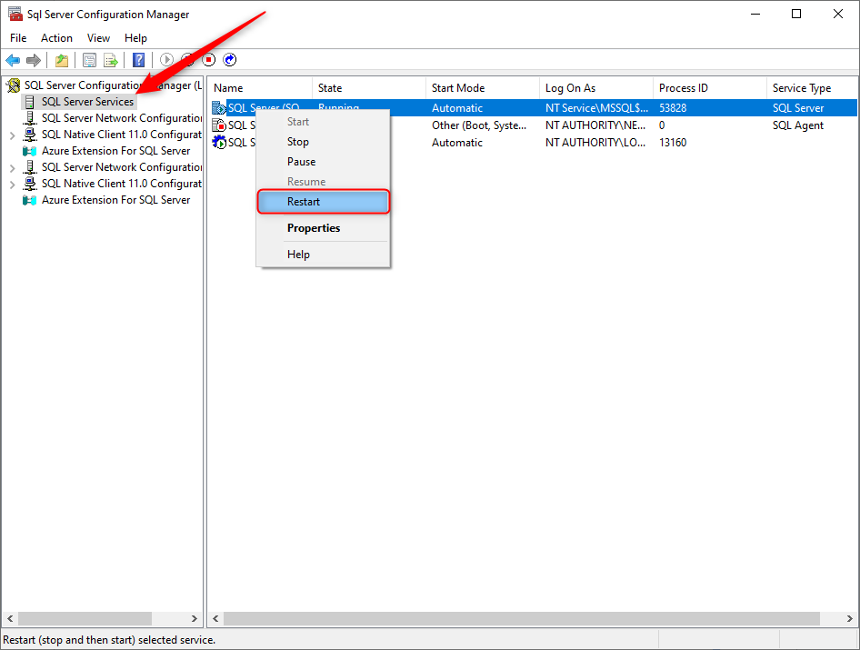 SQL Server Services context menu with Restart highlighted for the SQL Server instance.