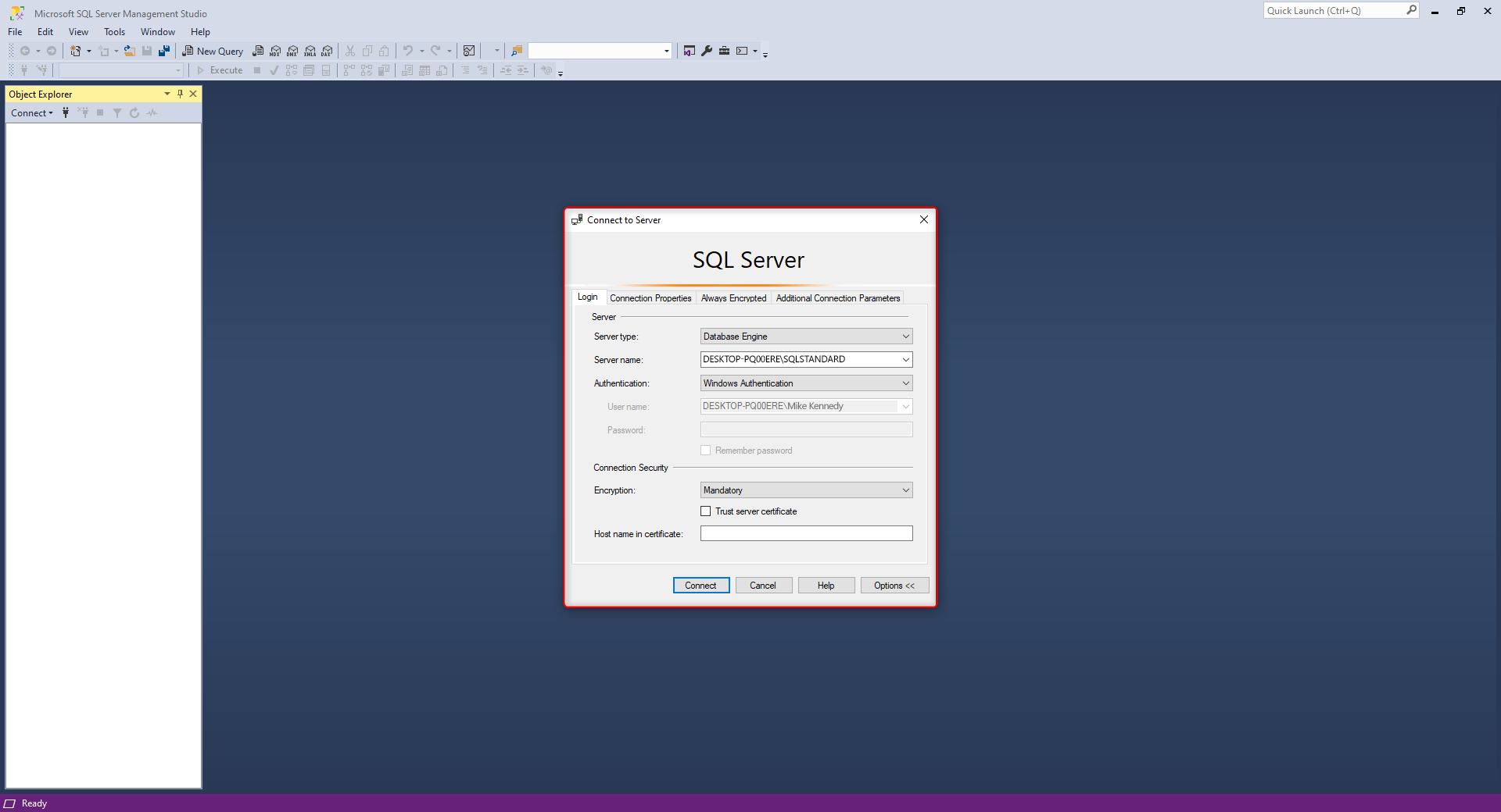 SQL Server Management Studio with the Connect to Server dialog open.