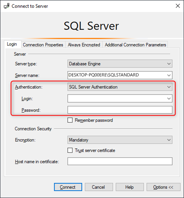 Connect to Server dialog with SQL Server Authentication selected and login and password fields highlighted.
