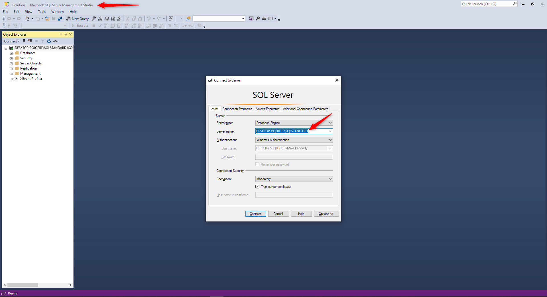 SQL Server Management Studio highlighting the server name to use in BuzzBID.