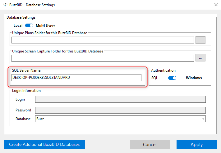BuzzBID Database Settings with the SQL Server Name field populated and highlighted.