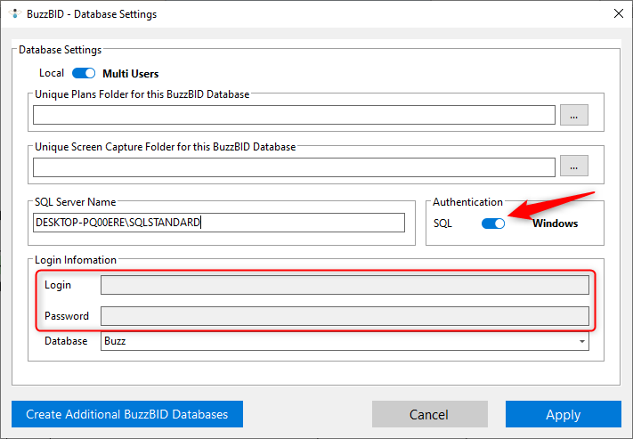 BuzzBID Database Settings highlighting the authentication selector and login and password fields.