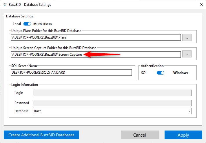 BuzzBID Database Settings with the shared Plans and Screen Capture folder paths populated.