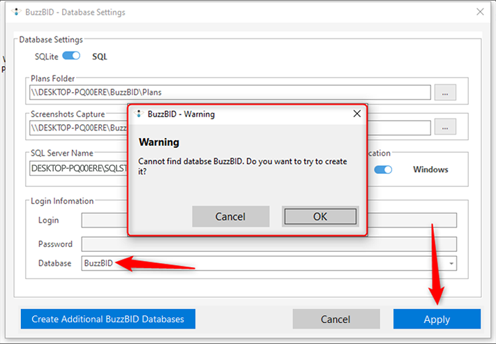 BuzzBID prompt asking whether to create the new database entered in Database Settings.