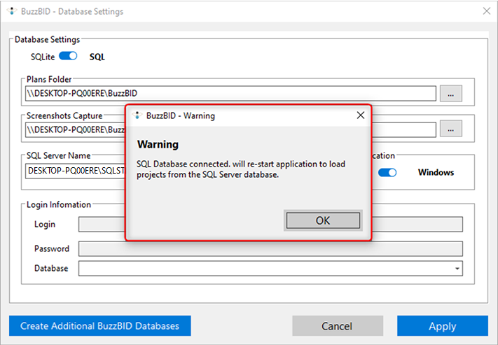 BuzzBID confirmation that the SQL database is connected and the application will restart.